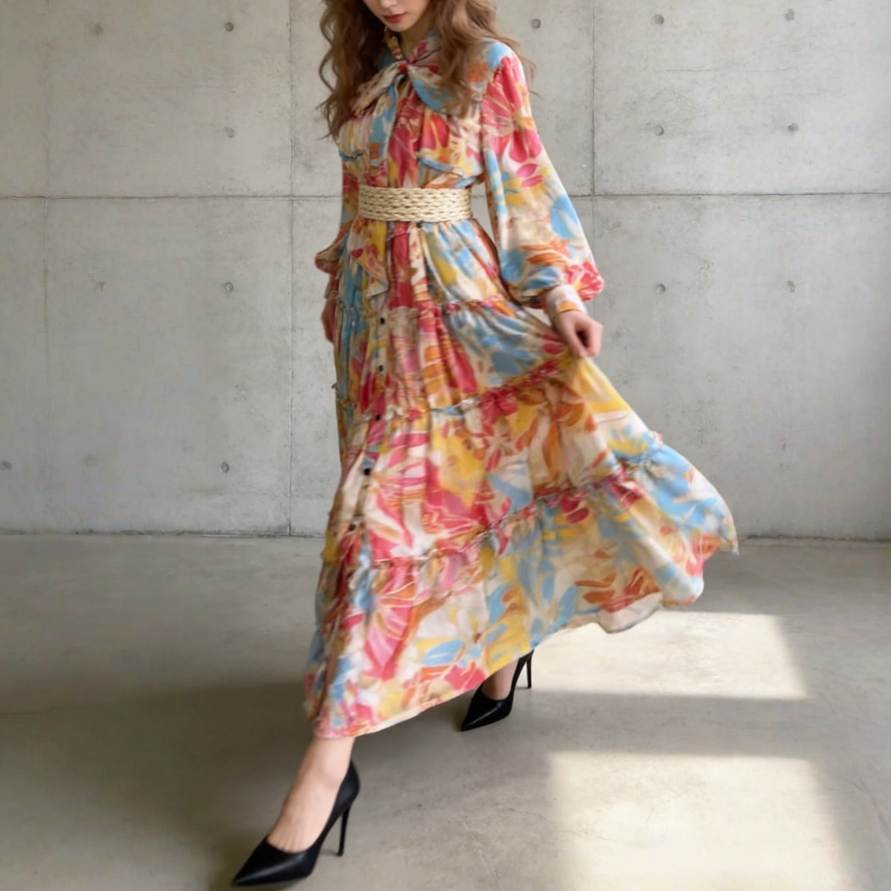 【ワンピース】シングルボタン プリント レディライク フレア 長袖 ワンピース 【SHシリーズ】