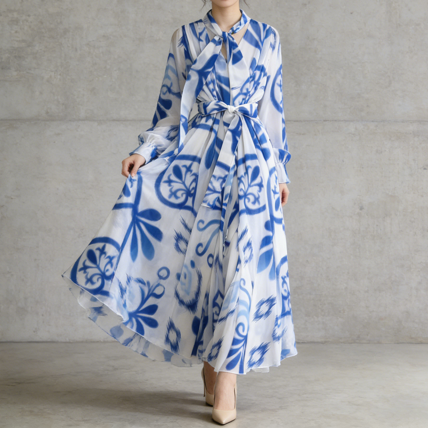 【ワンピース】フレンチエレガンス 気質 レディース シフォン 長袖ワンピース 蝶結びネック フレア 大人可愛い【SHシリーズ】