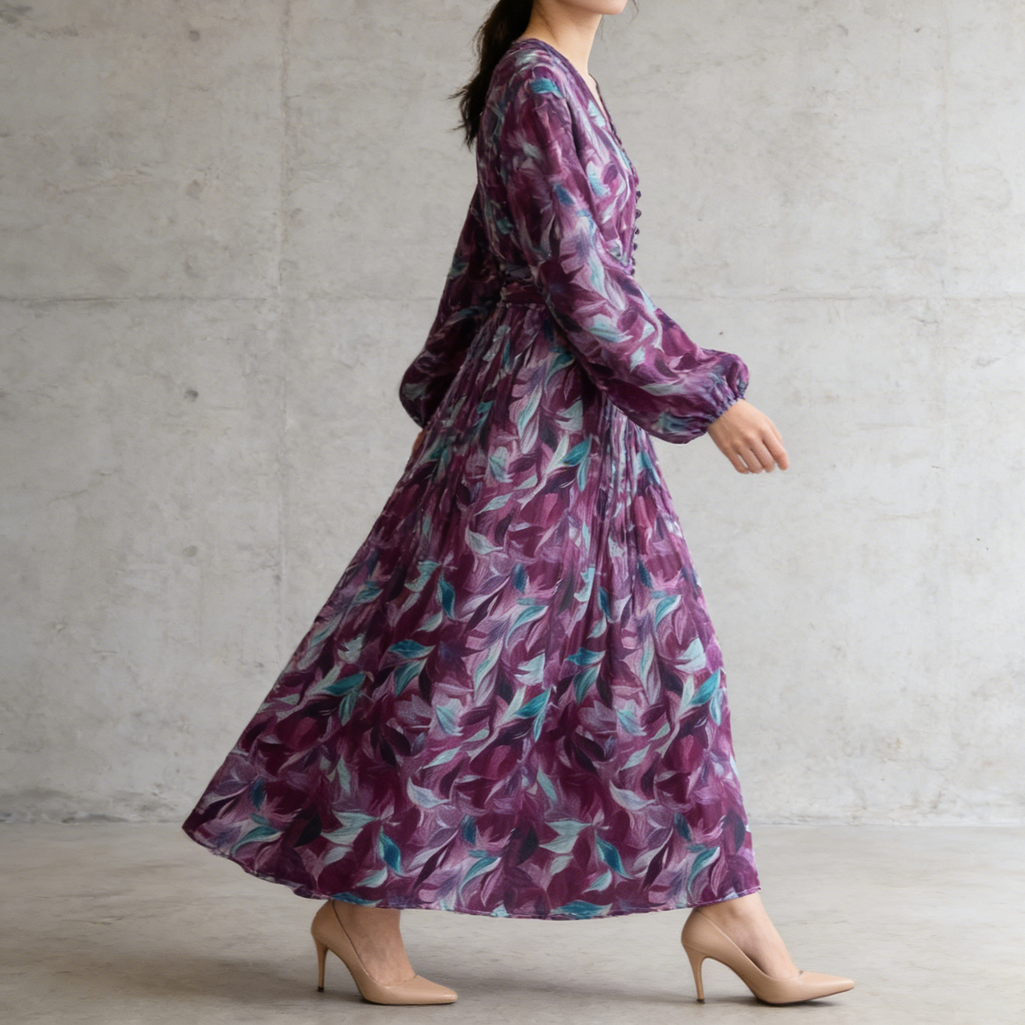 【ワンピース】大人フェミニン♡フレンチレトロ 長袖 花柄ワンピース｜ウエストマーク＆パフスリーブで細見え【SHシリーズ】