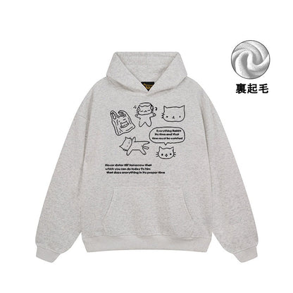 【トップス】🐱ストリート猫プリントヘビーウェイトコットンパーカー ユニセックス ペアルック 秋冬【FCシリーズ】