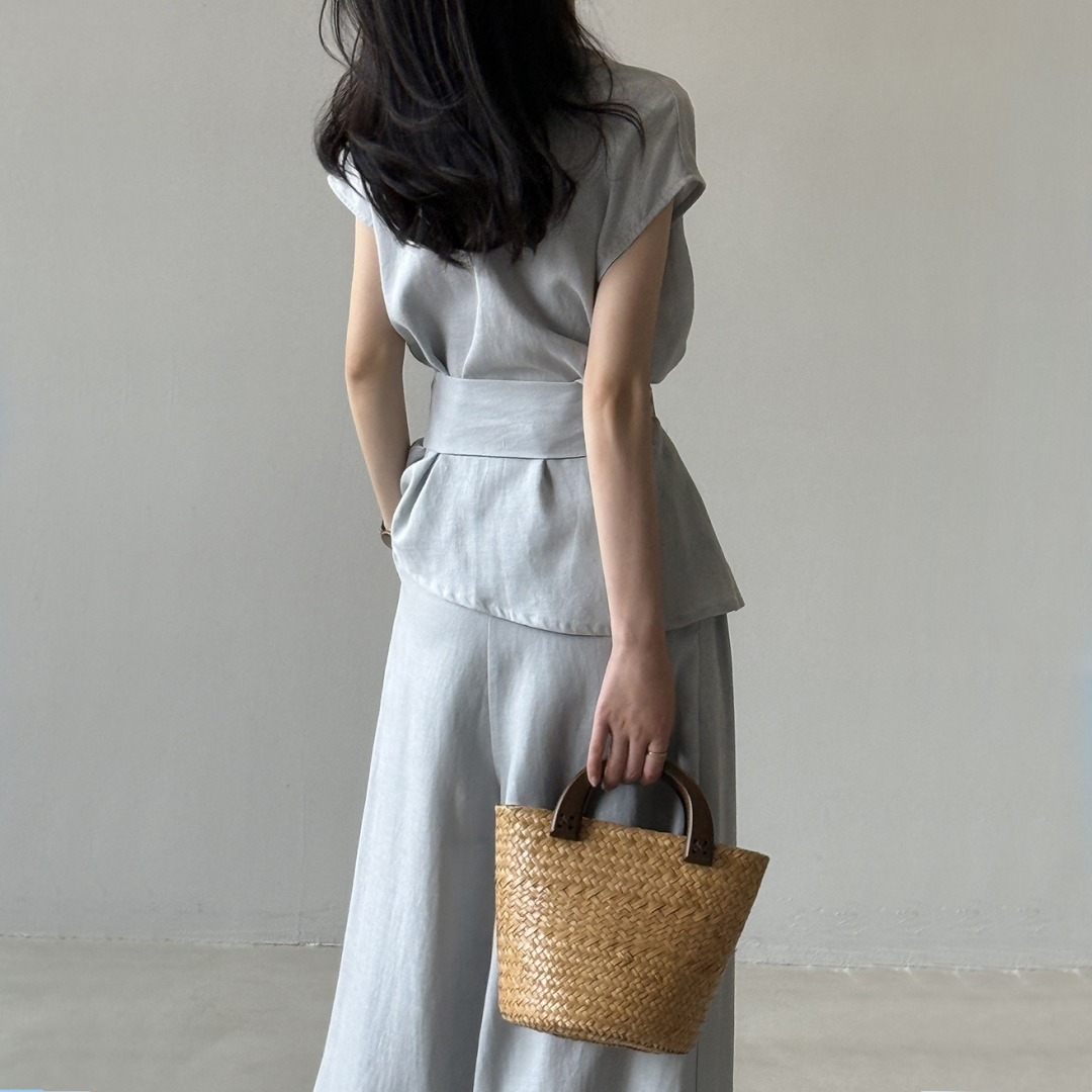 【セットアップ】【単品注文】夏 Vネック ノースリーブ シャツ + ワイドパンツ 2点上下セット 【SNシリーズ】