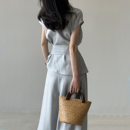 【セットアップ】【単品注文】夏 Vネック ノースリーブ シャツ + ワイドパンツ 2点上下セット 【SNシリーズ】