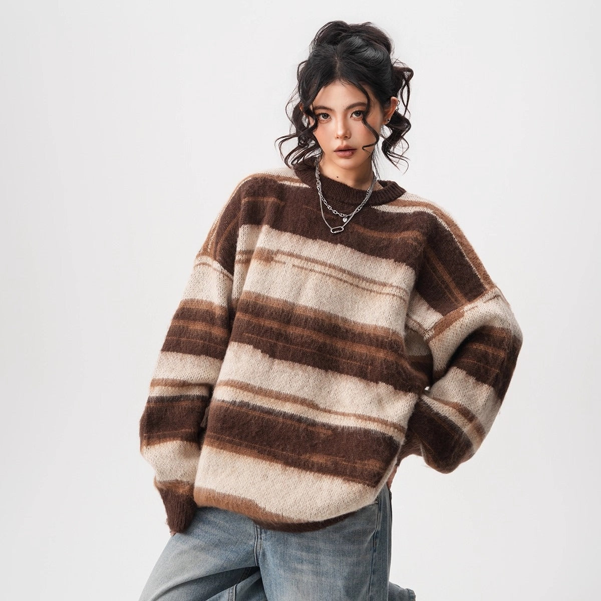 【60%OFF⭐️先行スタート！】【トップス】春 秋 冬 ストライプ柄 配色 ルーズ ニット ラウンドネック セーター 【FCシリーズ】