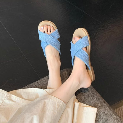 【シューズ】リゾート風 クロス編み オープントゥ サンダル