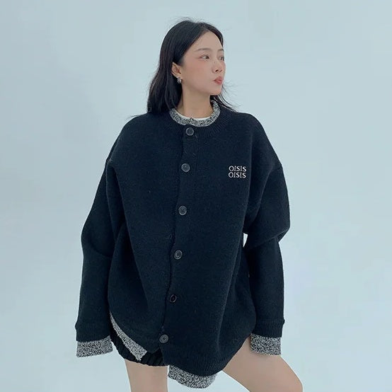 【アウター】春 秋 冬  厚手 フェイクレイヤード ボタン付き ニット ジャケット 【FCシリーズ】