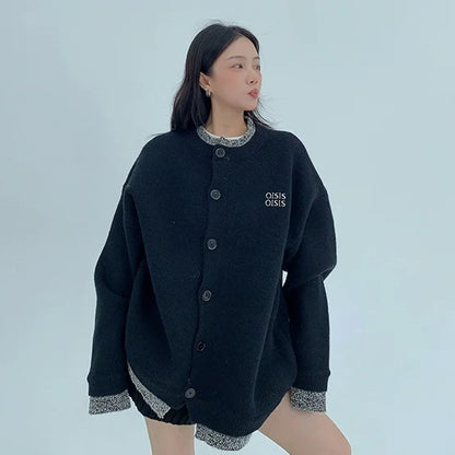 【アウター】春 秋 冬  厚手 フェイクレイヤード ボタン付き ニット ジャケット 【FCシリーズ】