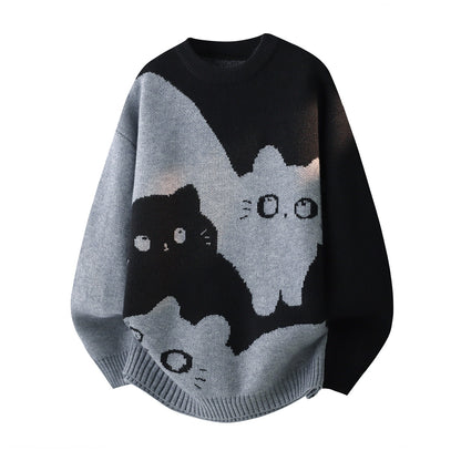 【トップス】カートゥーン猫柄 裏起毛 ニット 秋冬 メンズ レディース 高級感 ユニセックス【FCシリーズ】