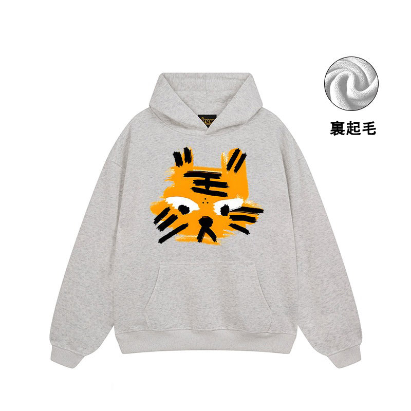 【トップス】🐱ストリートタイガーヘッドプリント裏起毛パーカー ユニセックス ペアルック 秋冬 オーバーサイズ【FCシリーズ】
