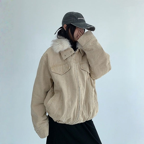 【アウター】春 秋 冬 ウォッシュド ヴィンテージ風 厚手 ファー襟 中綿 ジャケット 【FCシリーズ】