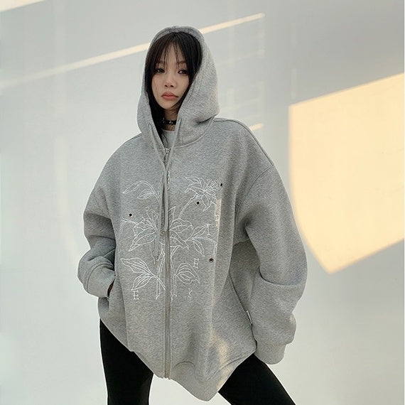 アウター】春 秋 冬 フード付き 刺繍 厚手 パーカー 【FC