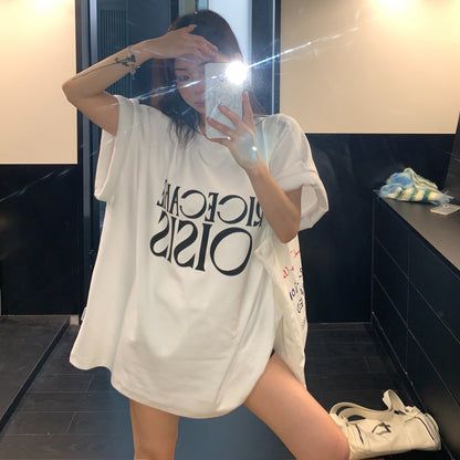 【トップス】韓国風 レタープリント パデッドスリーブ 半袖 ビッグTシャツ 【FCシリーズ】