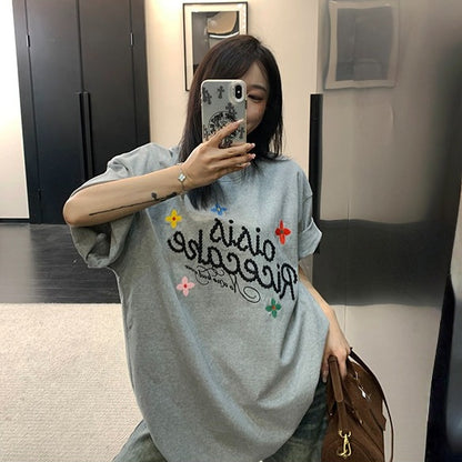 【トップス】レトロ コットン100％ 立体刺繍 オーバーサイズ 半袖 Tシャツ 【FCシリーズ】