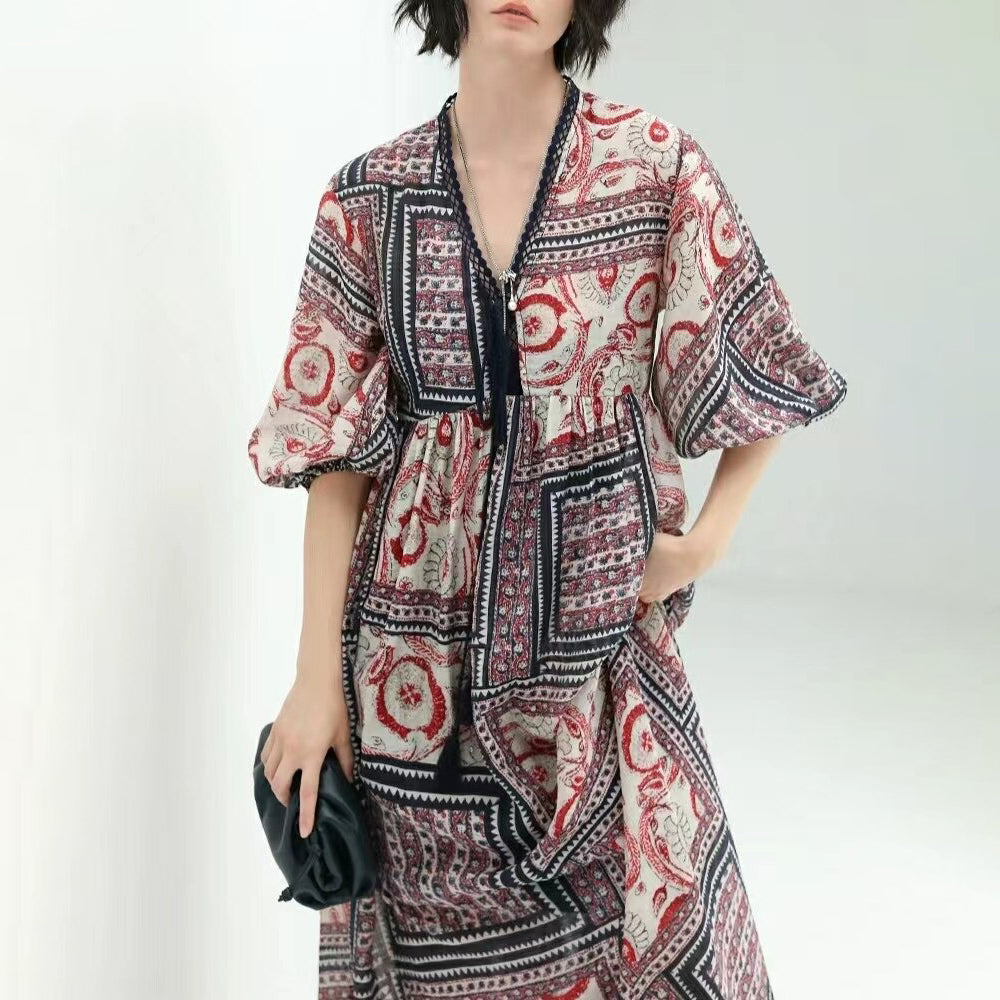 【ワンピース】レディース カジュアルゆったり大きめサイズ 2026新作 リゾート風プリント長袖ワンピース【SHシリーズ】