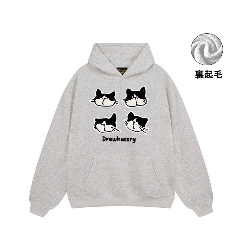 【トップス】🐱カートゥーン猫プリント裏起毛パーカー ユニセックス ペアルック 秋冬 カジュアル【FCシリーズ】
