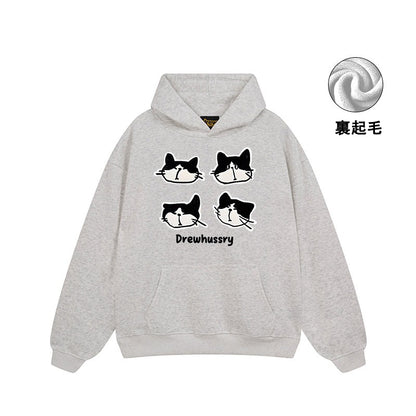 【トップス】🐱カートゥーン猫プリント裏起毛パーカー ユニセックス ペアルック 秋冬 カジュアル【FCシリーズ】