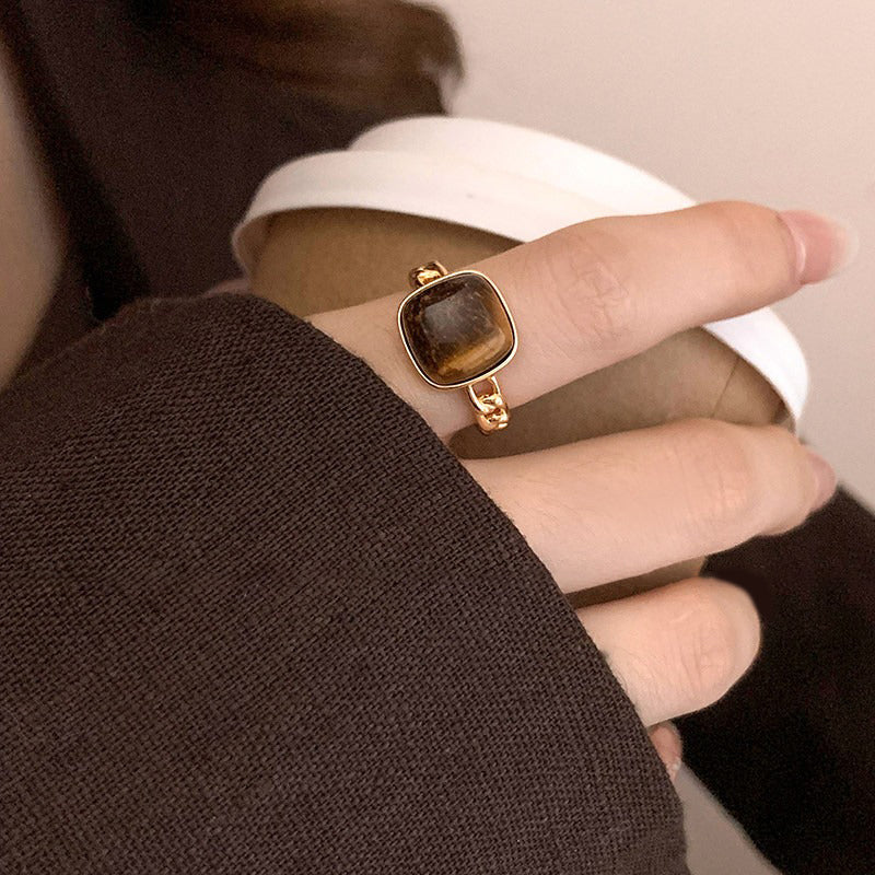 【🎁 B2G1｜先行スタート！】【グッズ】アンバー スクエア リング レディース タイガーアイ ゴールド 高級感 おしゃれ