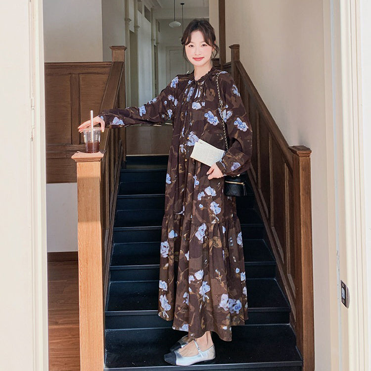 【ワンピース】ヴィンテージ風 フリルカラー 花柄 長袖ワンピース 2026春新作 小柄向け ロング丈【SHシリーズ】