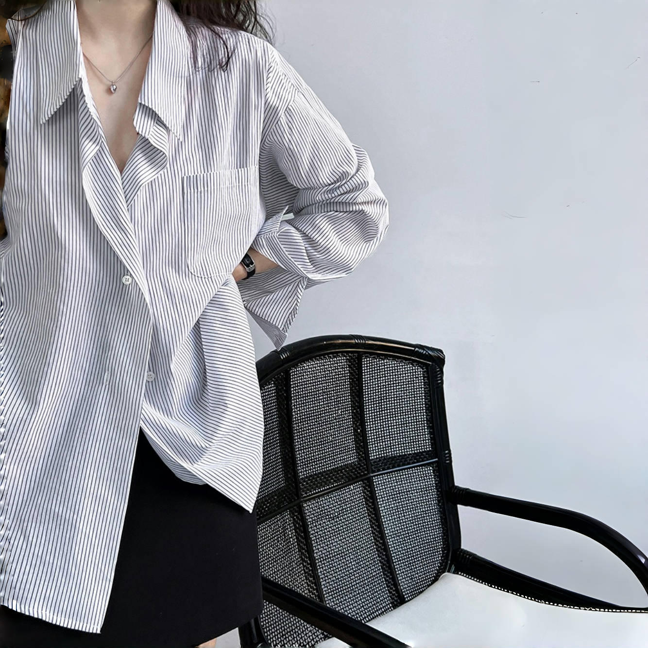 【トップス】春 秋 夏 ルーズ ストライプ ドロップショルダー シャツ 【JZシリーズ】