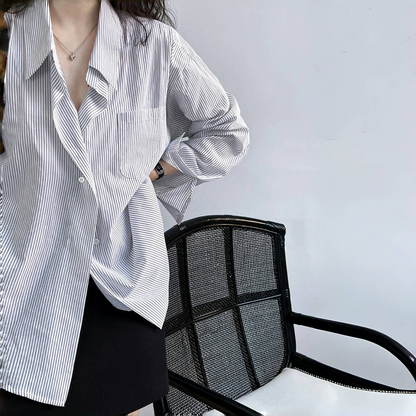 【トップス】春 秋 夏 ルーズ ストライプ ドロップショルダー シャツ 【JZシリーズ】