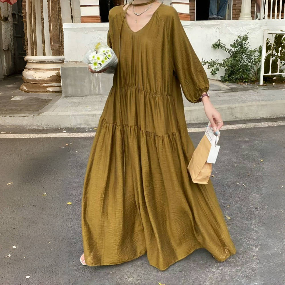【ワンピース】7カラー 夏 韓国風 ゆったり 大きめサイズ ロング丈 無地 長袖ワンピース