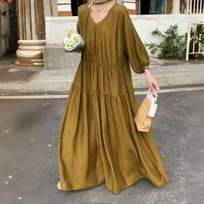 【ワンピース】7カラー 夏 韓国風 ゆったり 大きめサイズ ロング丈 無地 長袖ワンピース