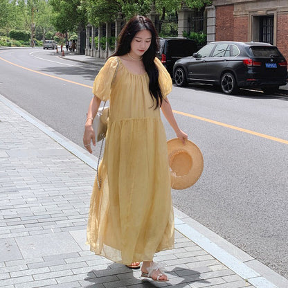 【ワンピース】イエロー ロングワンピース 夏 ゆったり バックシャン リボンデザイン 体型カバー リゾートドレス【JZシリーズ】