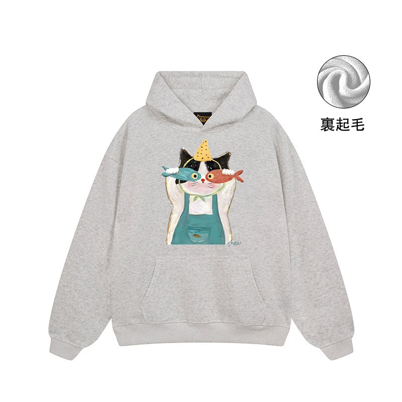 【トップス】🐱アメリカンストリート猫プリントパーカー ユニセックス コットン オーバーサイズ 秋冬コーデ【FCシリーズ】