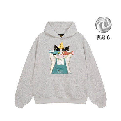 【トップス】🐱アメリカンストリート猫プリントパーカー ユニセックス コットン オーバーサイズ 秋冬コーデ【FCシリーズ】