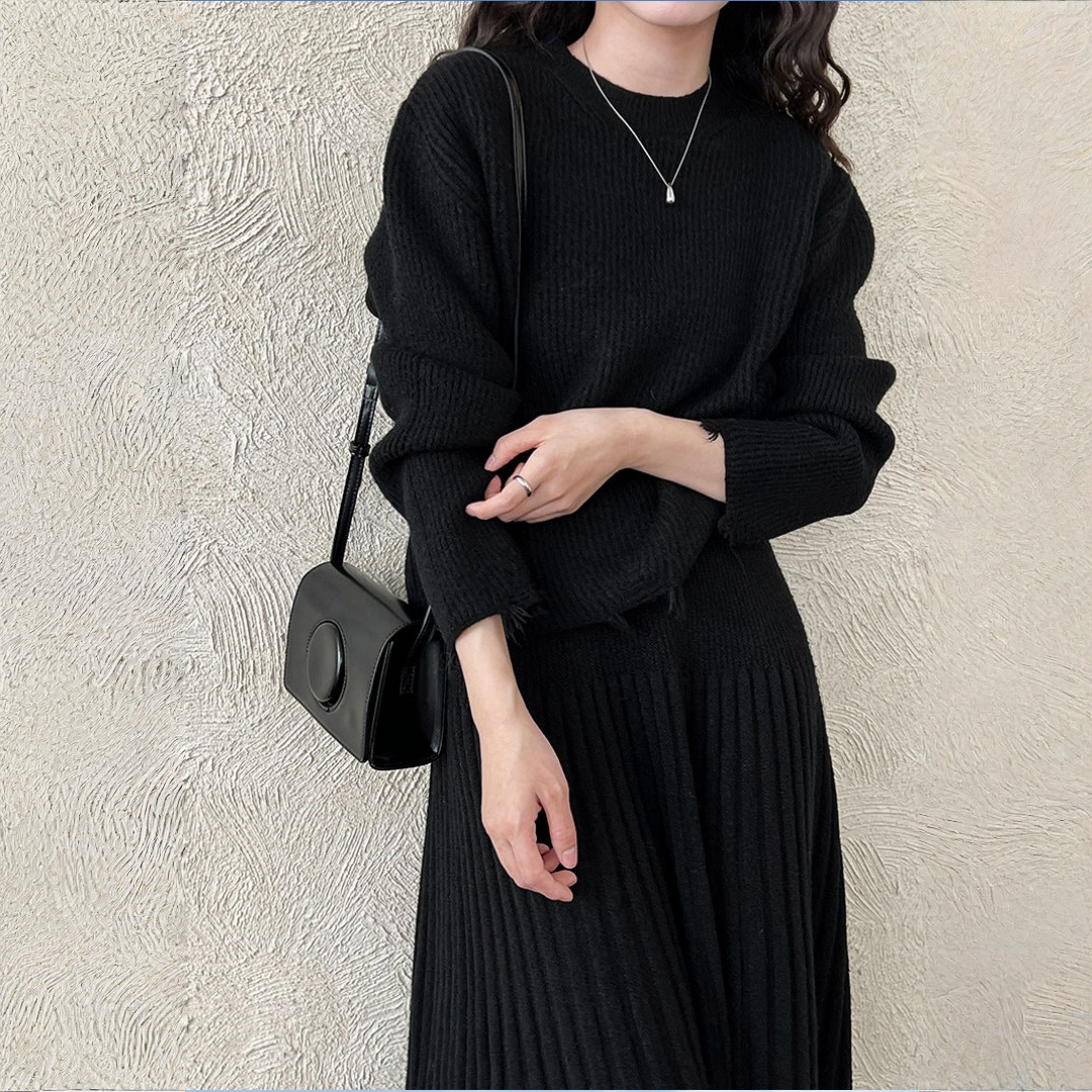 【セットアップ】春 秋 冬 クルーネック セーター + ハイウエスト  細見え プリーツスカート 2点セット 【JZシリーズ】