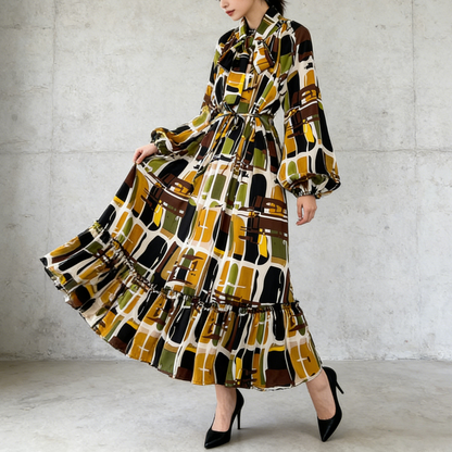 【60%OFF⭐️早い者勝ち】【ワンピース】リボン ウエストマーク Aライン フレア フリル プリント 長袖 ワンピース 【SHシリーズ】