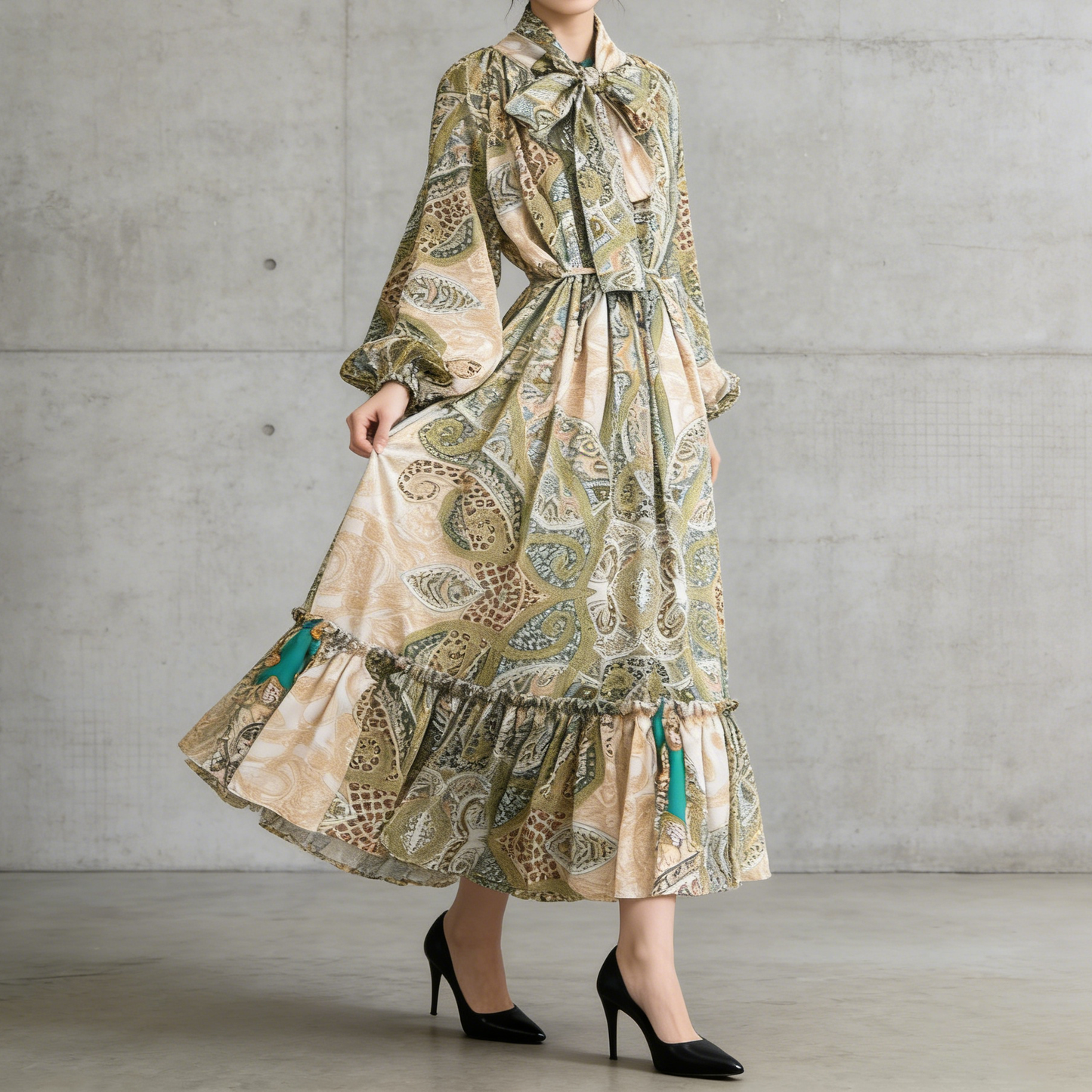 【ワンピース】レトロ風 長袖 リボン付き ウエストマーク Aライン 花柄プリント ランタンスリーブ ワンピース エレガント ロングワンピース レディース【SHシリーズ】