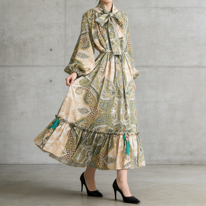 【ワンピース】レトロ風 長袖 リボン付き ウエストマーク Aライン 花柄プリント ランタンスリーブ ワンピース エレガント ロングワンピース レディース【SHシリーズ】