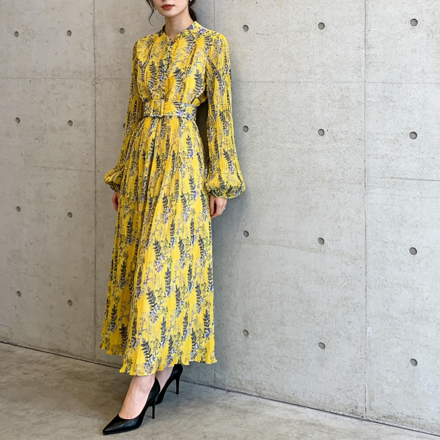 【ワンピース】スタンドカラー リボン付き Aライン プリント プリーツ 長袖 ワンピース 【SHシリーズ】