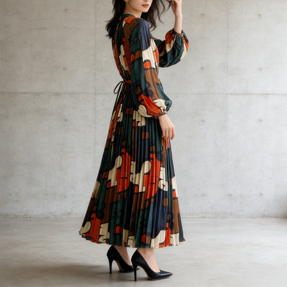 【ワンピース】ラウンドネック サテン プリント プリーツ 長袖 ワンピース 【SHシリーズ】