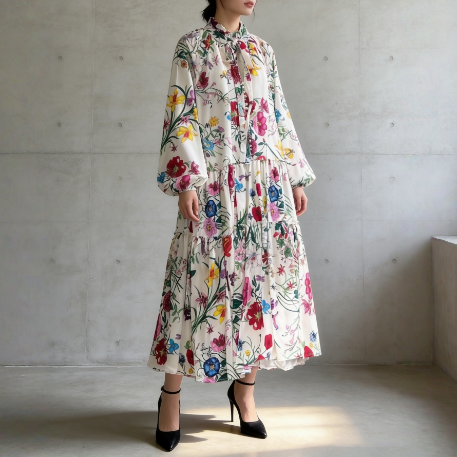 【60%OFF⭐️早い者勝ち】【ワンピース】クラシカル バルーンスリーブ フレンチ リボン付き 花柄 プリント 長袖 ワンピース【SHシリーズ】