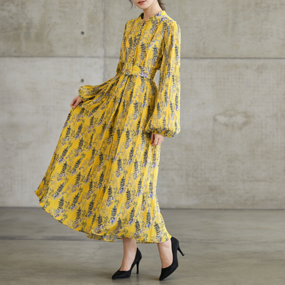 【ワンピース】スタンドカラー リボン付き Aライン プリント プリーツ 長袖 ワンピース 【SHシリーズ】