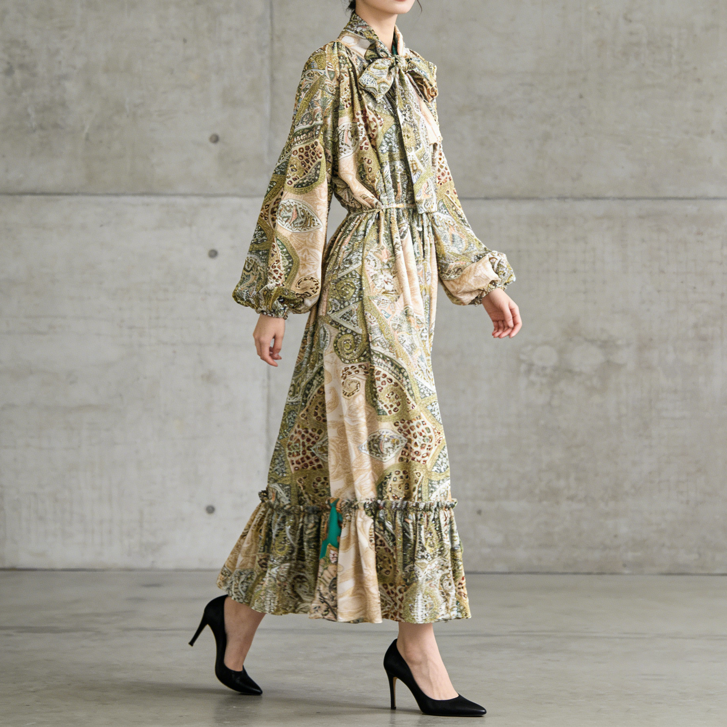 【ワンピース】レトロ風 長袖 リボン付き ウエストマーク Aライン 花柄プリント ランタンスリーブ ワンピース エレガント ロングワンピース レディース【SHシリーズ】