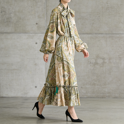 【ワンピース】レトロ風 長袖 リボン付き ウエストマーク Aライン 花柄プリント ランタンスリーブ ワンピース エレガント ロングワンピース レディース【SHシリーズ】