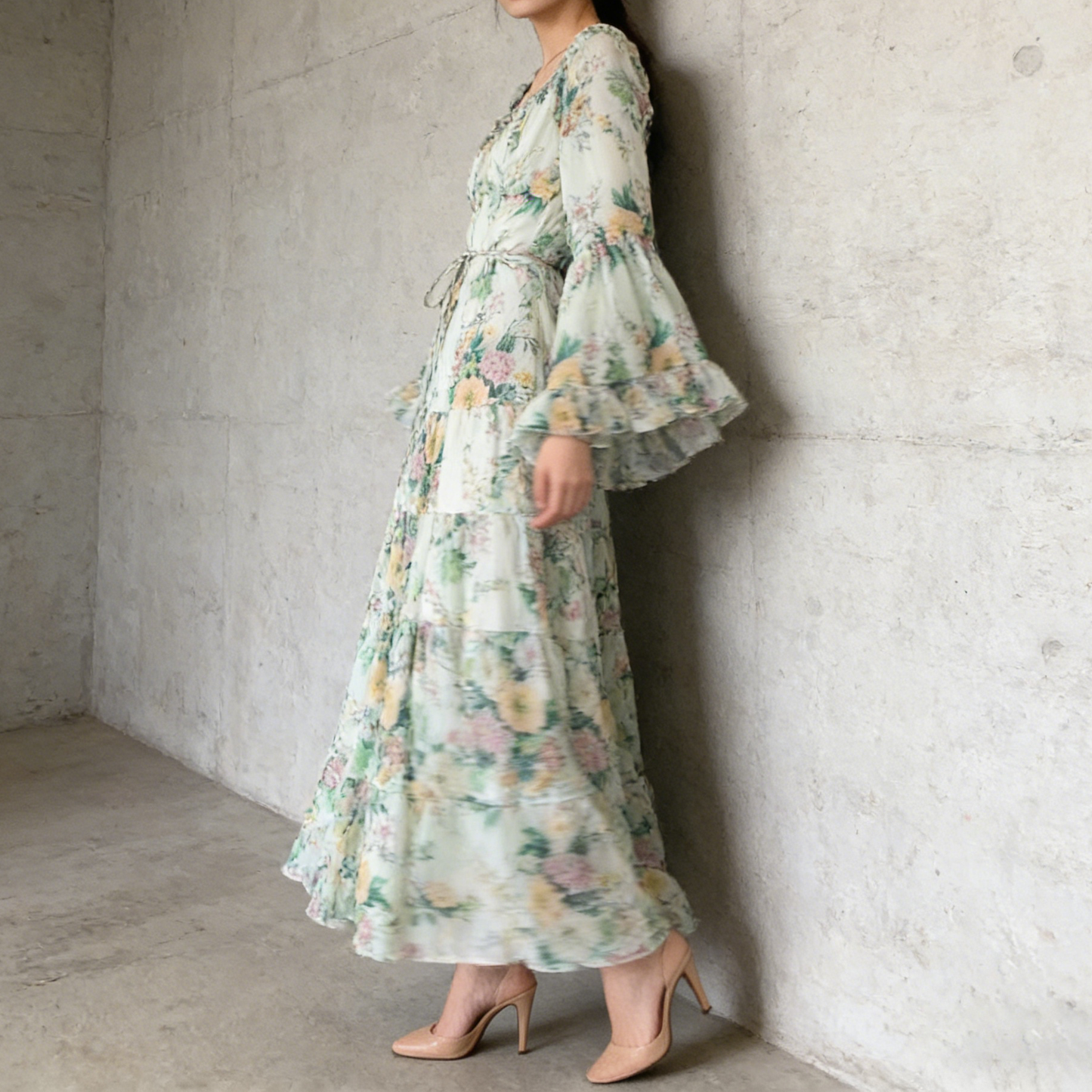 【ワンピース】褒められ確定！フレンチ小衆 長袖 プリントロングワンピース｜シフォン＆ベルスリーブ【SHシリーズ】