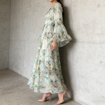 【ワンピース】褒められ確定！フレンチ小衆 長袖 プリントロングワンピース｜シフォン＆ベルスリーブ【SHシリーズ】