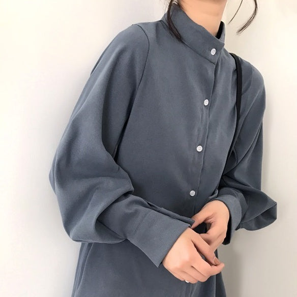 【24AW】【ワンピース】無地 スタンドネック ランタンスリーブ 長袖シャツワンピース