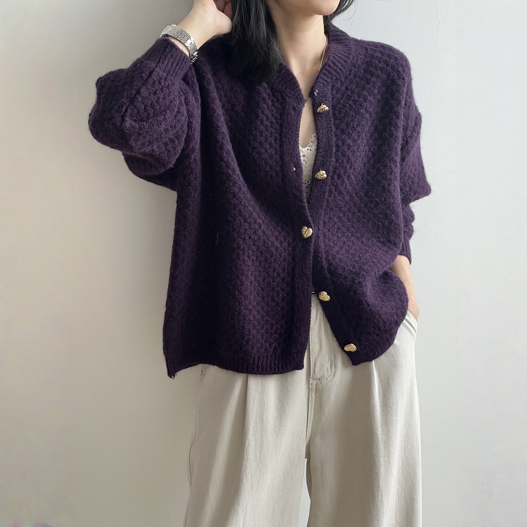 【アウター】パイナップル柄 ハートボタン  クルーネック ニット カーディガン 【JZシリーズ】