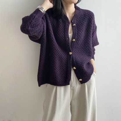 【アウター】パイナップル柄 ハートボタン  クルーネック ニット カーディガン 【JZシリーズ】