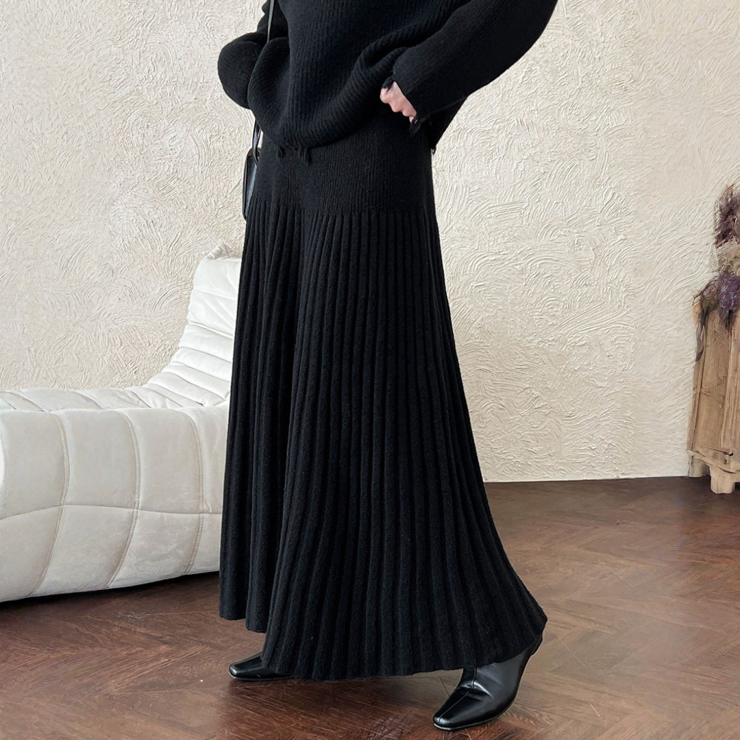【セットアップ】春 秋 冬 クルーネック セーター + ハイウエスト  細見え プリーツスカート 2点セット 【JZシリーズ】