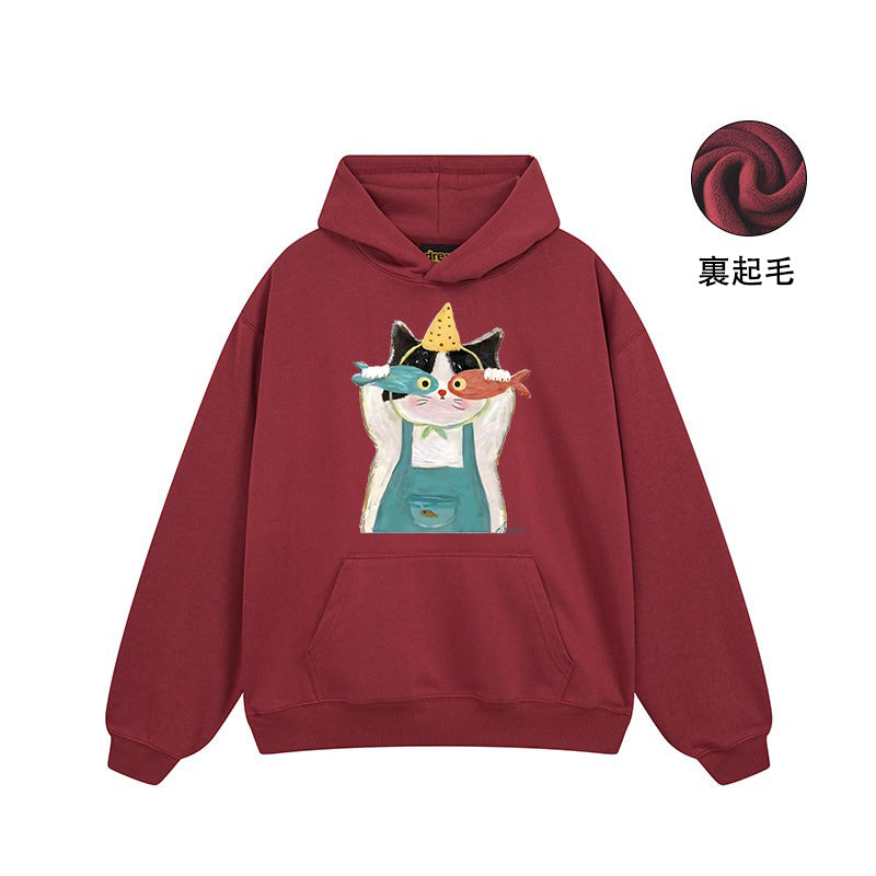 【トップス】🐱アメリカンストリート猫プリントパーカー ユニセックス コットン オーバーサイズ 秋冬コーデ【FCシリーズ】