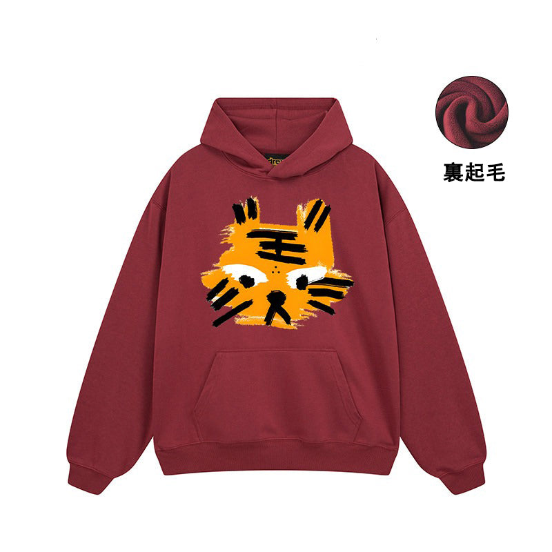 【トップス】🐱ストリートタイガーヘッドプリント裏起毛パーカー ユニセックス ペアルック 秋冬 オーバーサイズ【FCシリーズ】