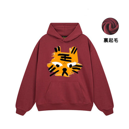 【トップス】🐱ストリートタイガーヘッドプリント裏起毛パーカー ユニセックス ペアルック 秋冬 オーバーサイズ【FCシリーズ】