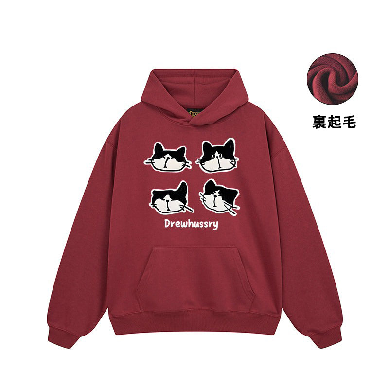 【トップス】🐱カートゥーン猫プリント裏起毛パーカー ユニセックス ペアルック 秋冬 カジュアル【FCシリーズ】