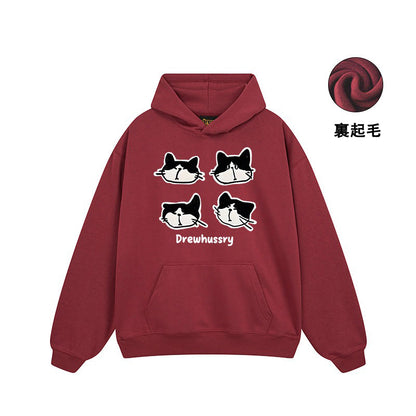 【トップス】🐱カートゥーン猫プリント裏起毛パーカー ユニセックス ペアルック 秋冬 カジュアル【FCシリーズ】