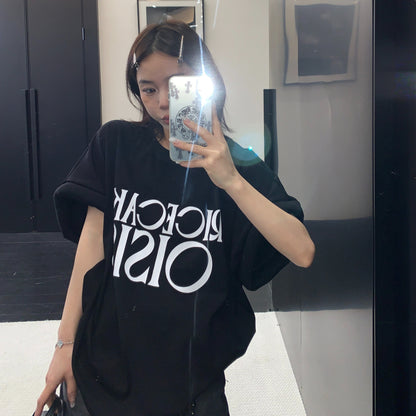 【トップス】韓国風 レタープリント パデッドスリーブ 半袖 ビッグTシャツ 【FCシリーズ】